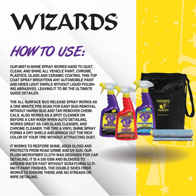 Wizards 5 Piece Car Detailing Kit - Beginner Friendly Professional Car Detailing Kit - Car Accessories for Men - Comes with a Microfiber Towel, Storage Bag and 22 oz Spray Bottles - Image 3